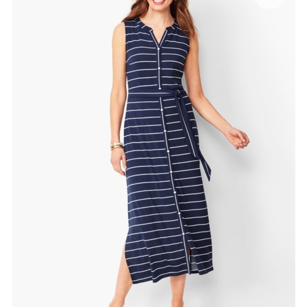 Talbots Navy Striped Sleeveless Maxi Dress Stretch Button Down P Petite no belt